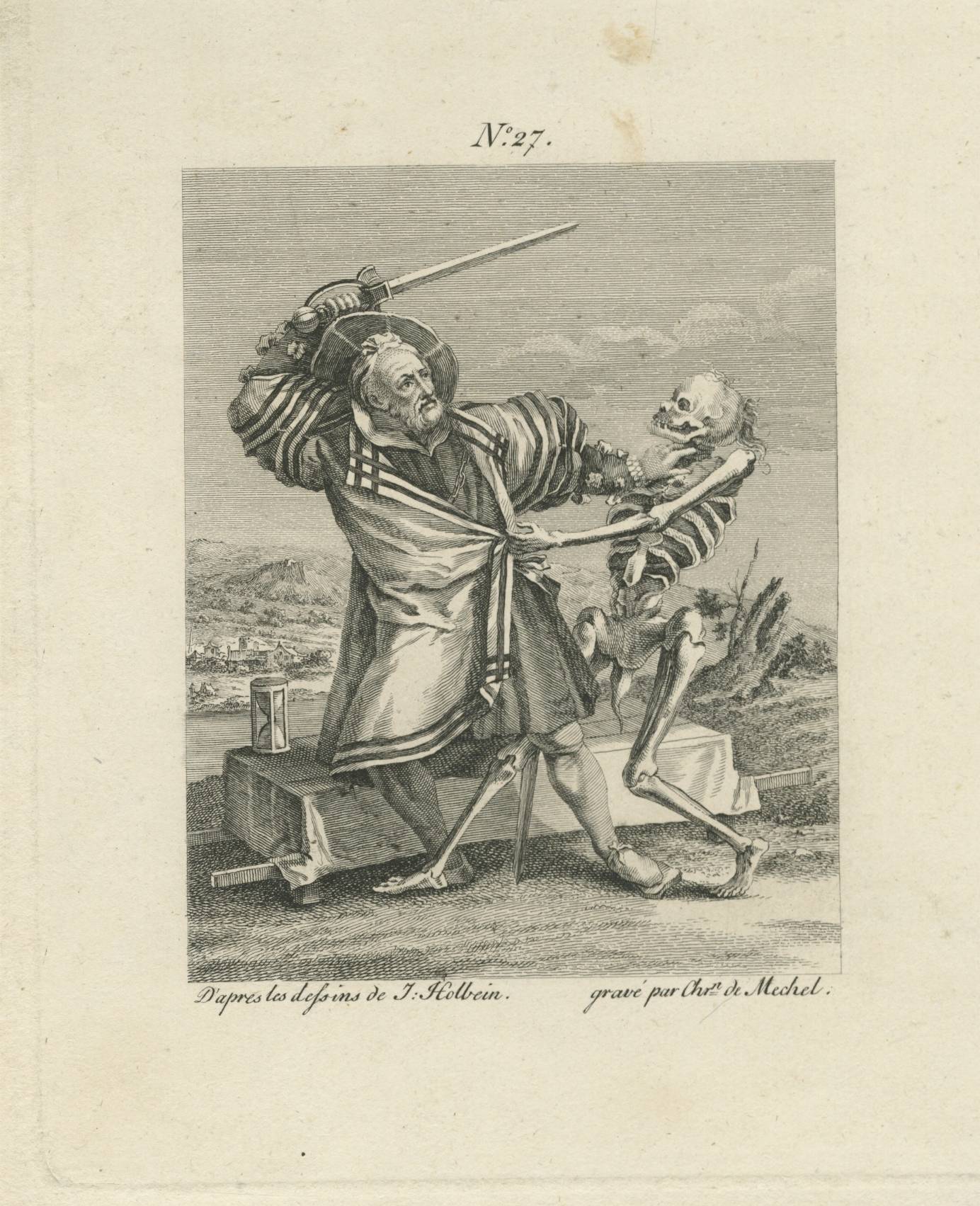 engraving of Renaissance man battling a skeleton